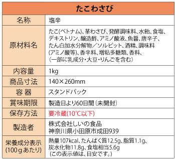 たこわさび 1kg原材料表示